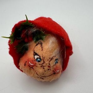 Vintage Annalee Christmas Holiday Doll Elf Head Ornament Holly Red